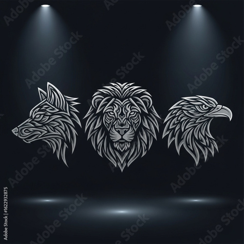 Wolf lion and eagle heads animal wildlife icons set on dark background with spotlight vector illustration