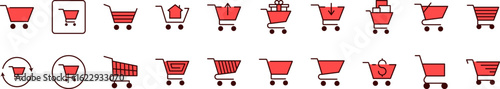 Red Shopping Cart Filled Color Icon Collection. Minimalistic Linear Pictogram for Web and Graphic Design, Apps, Banners, Social Network and Cards