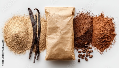 Flat lay of various powdered ingredients, including vanilla beans, and a kraft paper bag