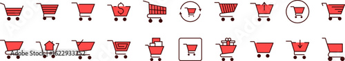 Set of Filled Color Icons of Red Shopping Cart. Minimalistic Linear Pictogram for Web and Graphic Design, Apps, Banners, Social Network and Cards