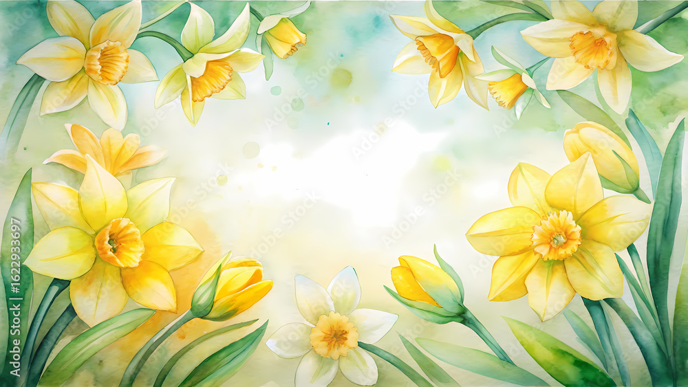 Obraz premium Hand-painted botanical daffodil frame in delicate watercolor style, featuring cheerful yellow blooms and slender green leaves on both edges, center space left empty for commercial use or text overlay