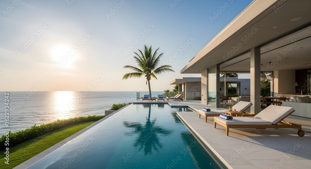 Fototapeta premium Stunning Infinity Pool Overlooking Ocean at Golden Hour – Modern Luxury Villa