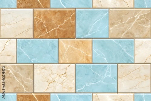 Colorful rectangular ceramic tile pattern with marble veining
