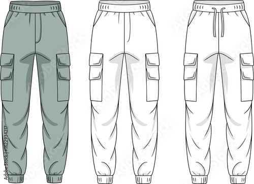 Cargo jogger pants technical flat sketch, front view fashion template, casual unisex utility trousers with flap pockets, cad drawing, vector apparel design illustration