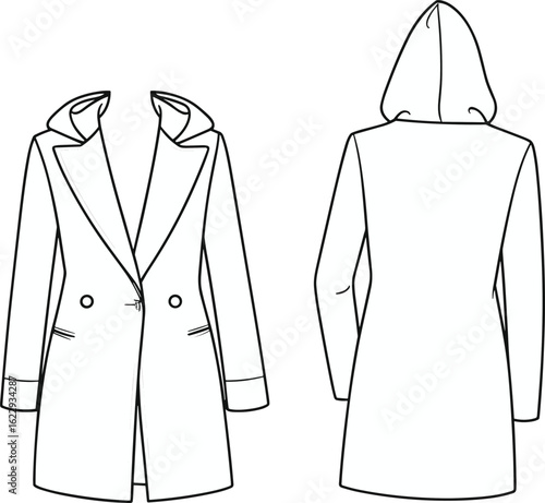 Cad drawing flat vector illustration, stylish women's long coat, tailored design, double-breasted buttons, hooded jacket, classic lapel collar, winter fashion, 