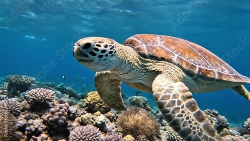 Majestic sea turtle glides gracefully through vibrant coral reef teeming with small fish underwater ocean, sea turtle, ocean, underwater, coral reef, marine life, swimming, nature, wildlife, sea, wate