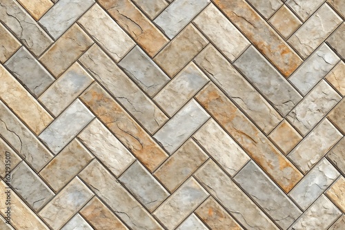 Herringbone pattern of textured natural stone bricks