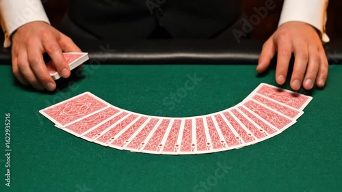 Professional hands fanning out red playing cards on a green felt casino table demonstrating skill and, playing cards, casino, gambling, poker, blackjack, card game, red cards, green felt, table, hands
