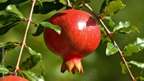 Ripe red pomegranate hanging on a branch surrounded by green leaves in soft sunlight showcasing natural, pomegranate, fruit, hanging, branch, tree, leaves, green, red, ripe, fresh, natural, organic, h