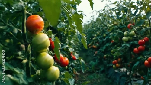 Ripe red tomatoes with water droplets on vine in greenhouse garden close up healthy organic food production, tomato, tomatoes, red, ripe, water, droplets, water drops, dew, fresh, healthy, organic, fo