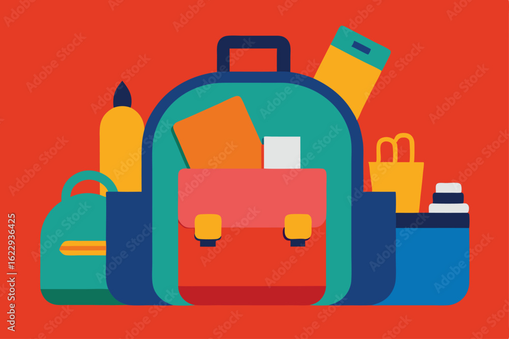 backpacks with school essentials spilling out .eps backpacks with school essentials spilling out .eps