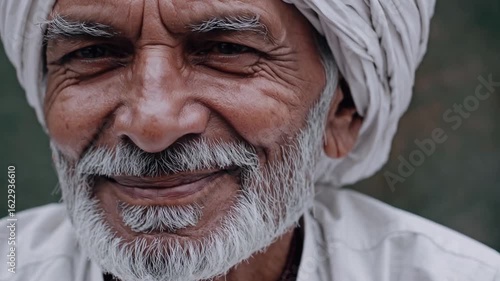 Weathered face of senior Indian gentleman wearing pristine white turban, softly smiling with profound sense of inner peace and accumulated life wisdom