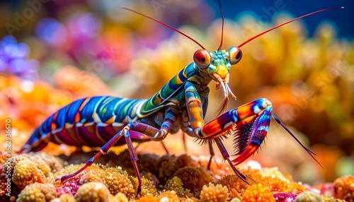 Vivid Peacock Mantis Shrimp Displaying Striking Colors on Coral Reef Substrate