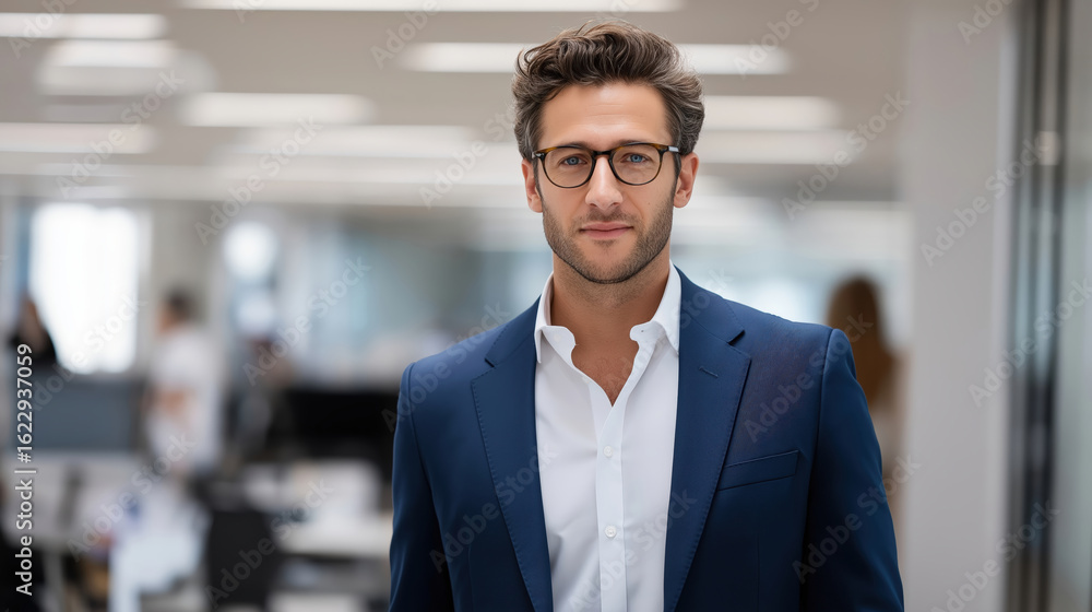 Fototapeta premium Confident Businessman in Modern Office Environment Wearing Formal Suit and Glasses