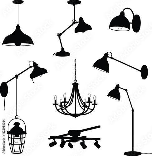  A comprehensive vector illustration of a variety of lighting fixtures, showcasing silhouettes of chandeliers, table lamps, and sconces in different styles.