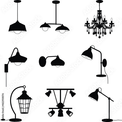  A comprehensive vector illustration of a variety of lighting fixtures, showcasing silhouettes of chandeliers, table lamps, and sconces in different styles.