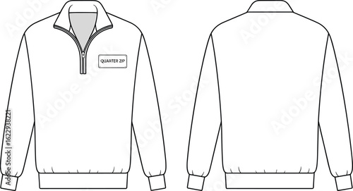 Quarter zip sweatshirt front back view, long sleeve ribbed cuff waistband, chest label detail, technical garment sketch vector template