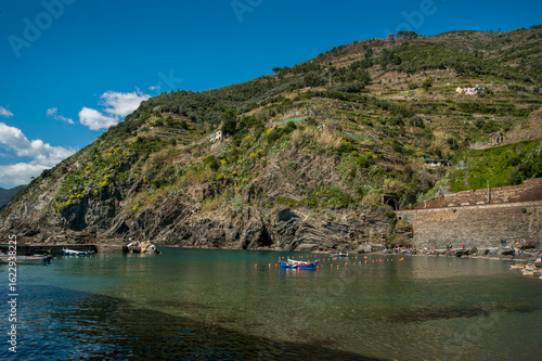 The coast with sea and green terraces on the slopes of Cinque Terre, Italy