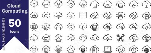 Cloud Computing Icon Set. Containing cloud upload, storage, server, big data, SaaS, PaaS, IaaS, backup, cloud network, encryption, and more. Editable line icons. Vector illustration