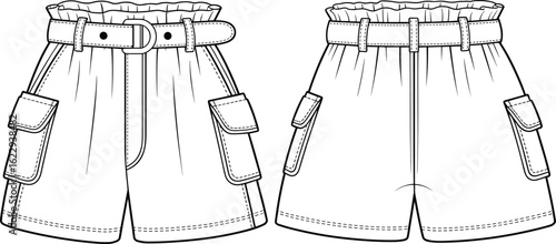 Casual women’s cargo shorts with belt, elastic waistband, side flap pockets, front back view, technical flat CAD drawing vector illustration