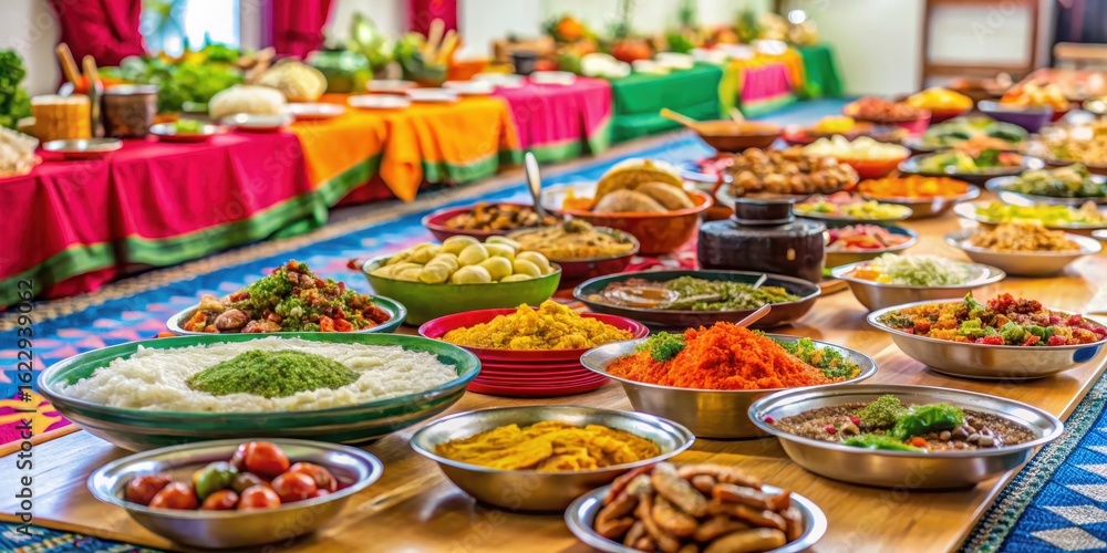 Fototapeta premium Colorful food spread on a large table in a community hall, with various dishes and utensils scattered around, cultural celebration, shared meal