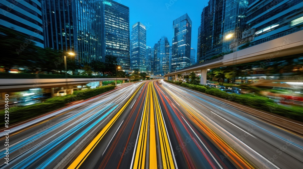 Fototapeta premium Cityscape with illuminated skyscrapers and busy highway with light trails at night