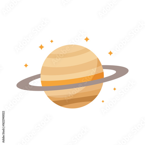 Cartoon Saturn Planet with Rings and Stars in Space Illustration