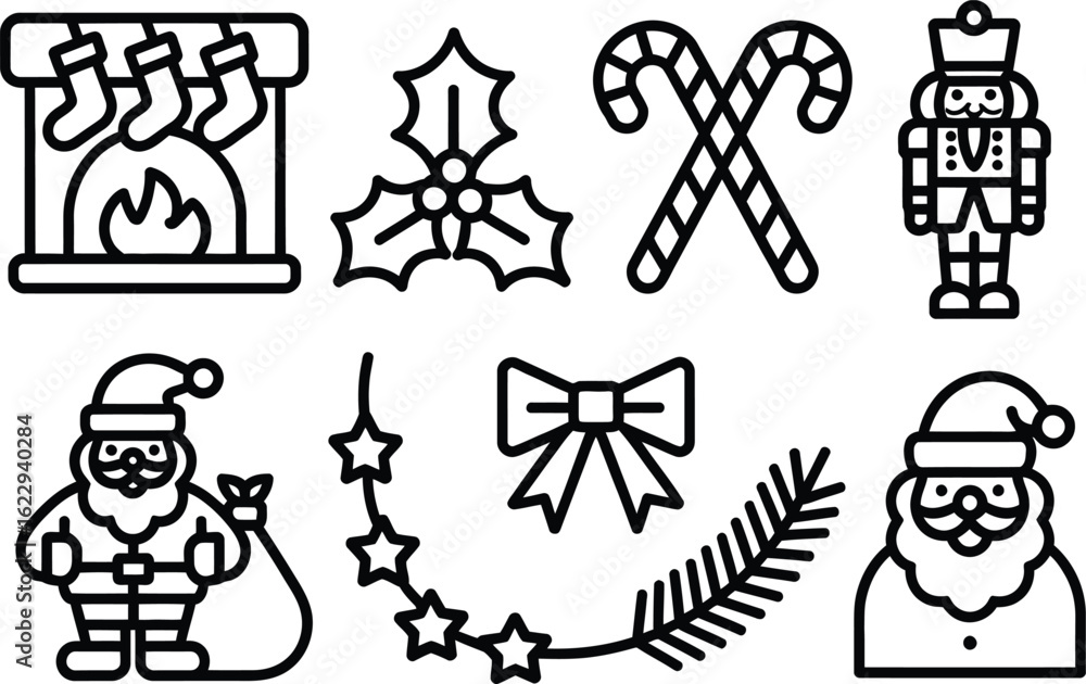 Fototapeta premium Christmas Outline Icons Fireplace, Santa, Nutcracker, Candy Canes on Transparent