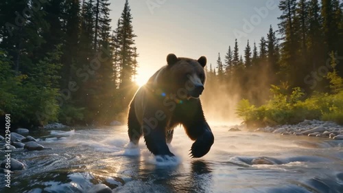 A grizzly bear sprints through a rushing river stream, water splashing around its powerful legs. Dense forest surrounds the river, sunlight filtering through the leaves.