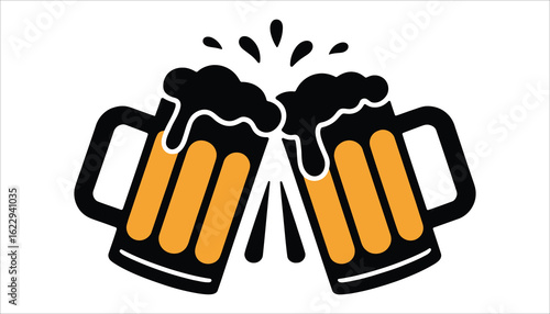 Clinking Beer Mugs Vector Illustration with Foam Splash Isolated on White Background