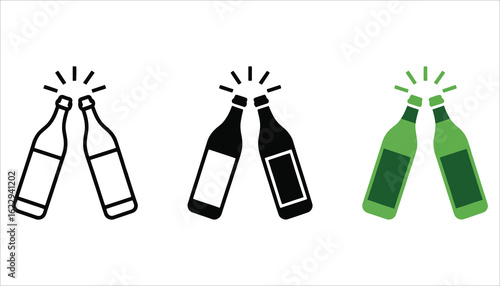 Clinking Beer Bottles Vector Icon Set in Outline and Solid Style