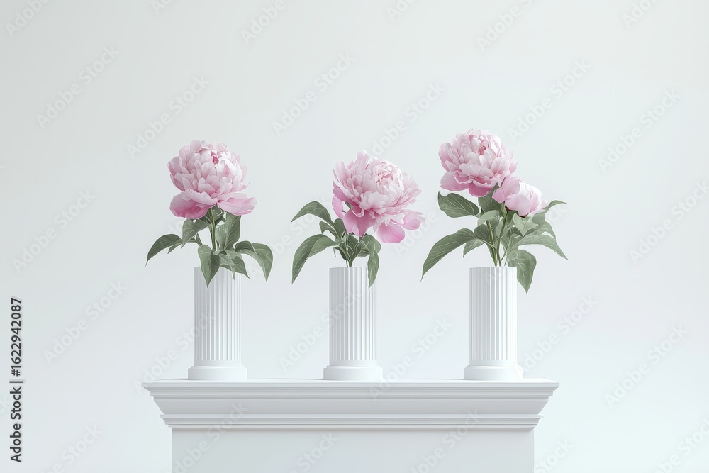 Fototapeta premium Pink peonies on white stone pedestals with soft lighting, minimalist elegant floral decoration in symmetrical composition