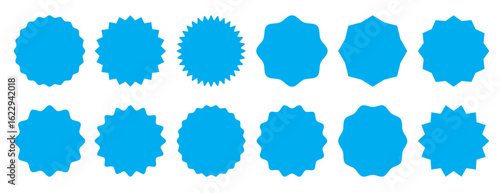 Sunburst sticker shapes. Rounded starburst zigzag badge, spiky oval, circle and star shaped price tag, discount and sale label stickers. Set of circles with zigzag edge.