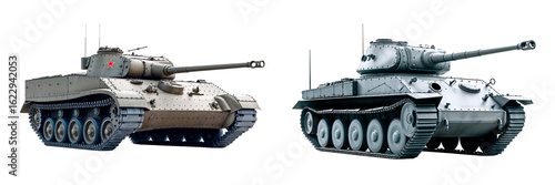 Two heavy tanks moving on transparent background
