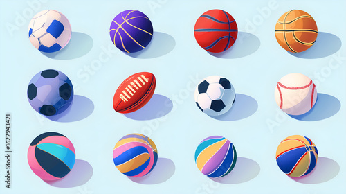 Sport Balls Collection: A vibrant collection of diverse sports balls, each poised and ready for action, with shadows. 