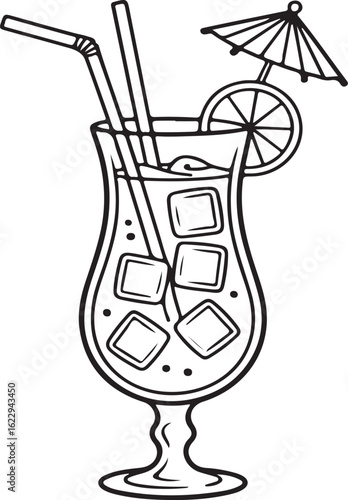 Tall glass with ice cubes and straws cocktail drink