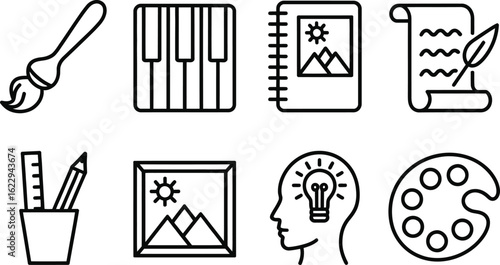 Creativity Icons Set with Brush, Piano Keys, Notebook, Scroll, Stationery, and Palette