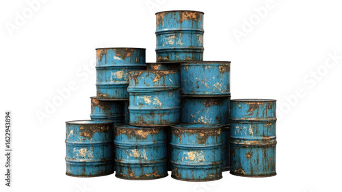 Stacked blue metal barrels arranged in an transparent formation against a simple background