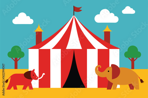 circus scene with animals and colorful tent   vec.eps