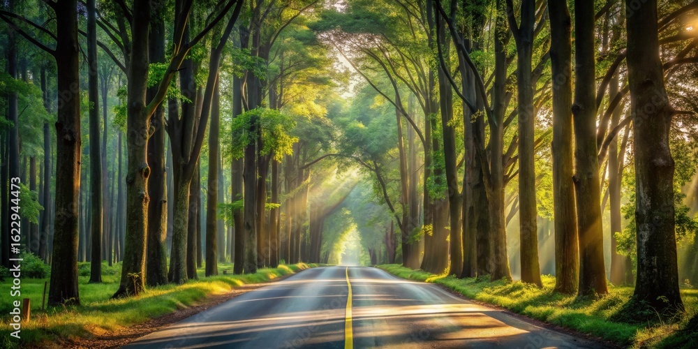 Naklejka premium Sunlit Pathway Through a Verdant Forest Canopy, Leading to a Serene Destination