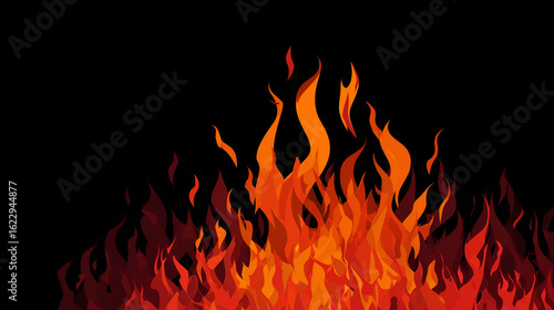 Blazing Inferno: A vibrant illustration of an intense fire, with swirling orange and red flames against a stark black backdrop, symbolizing destruction, energy, and raw power.