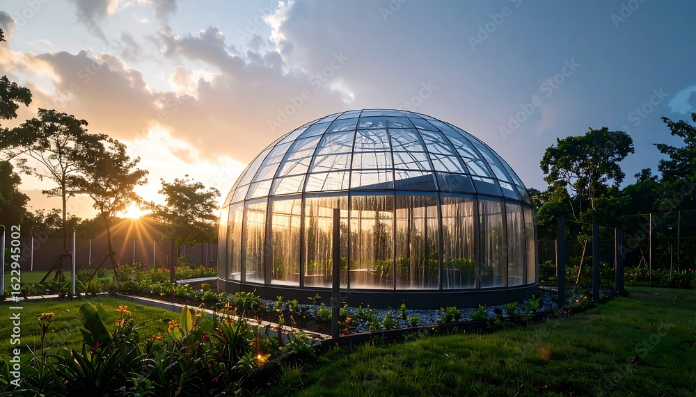 Fototapeta premium Glass Greenhouse at Sunset with Sky Reflection in Garden