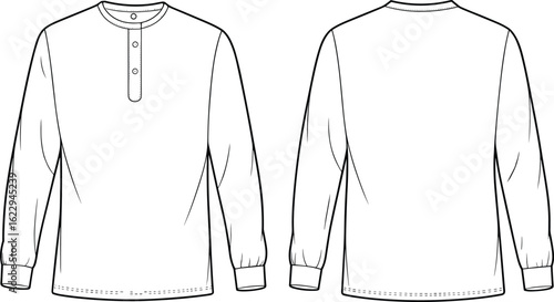 cad drawing flat vector illustration, long sleeve shirt front back view, fashion technical sketch, apparel design template, garment blueprint