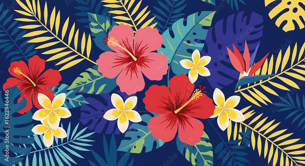 Vibrant Tropical Floral Seamless Pattern on Dark Blue Background Vibrant Tropical Floral Seamless Pattern on Dark Blue Background