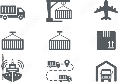 Grey Logistics Icons Set Truck, Cargo, Airplane, Ship, Route Isolated on White