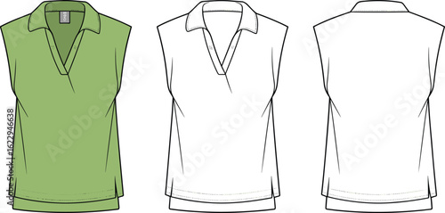 Sleeveless top vector, collared V-neck shirt, green and outline views, front and back illustration, fashion mockup, relaxed fit, apparel design