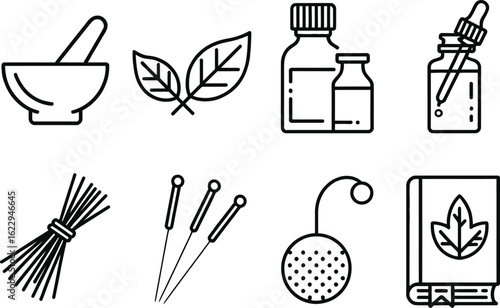 Herbal Medicine Icons Outline Bowl, Leaves, Acupuncture, Bottles, Herbs Book
