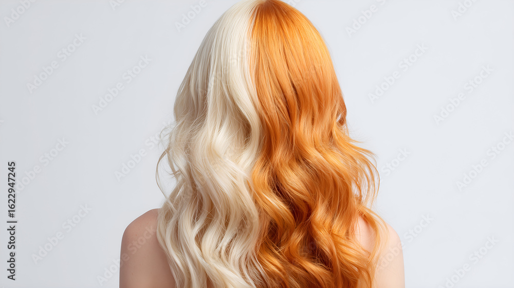 Naklejka premium Vibrant Hair Transformation: A stunning model showcases a half-and-half hair color design, with a captivating mix of vibrant orange and blonde tones. The image showcases current hairstyling