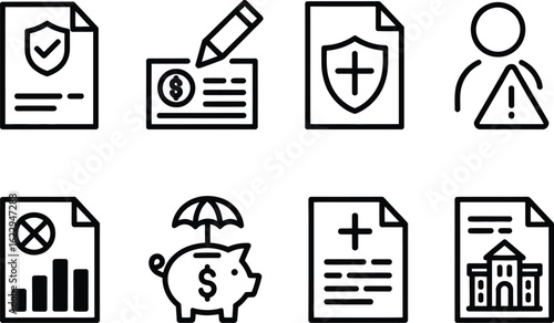 Icon Set Featuring Financial Security, Medical Records, Risk Management on White