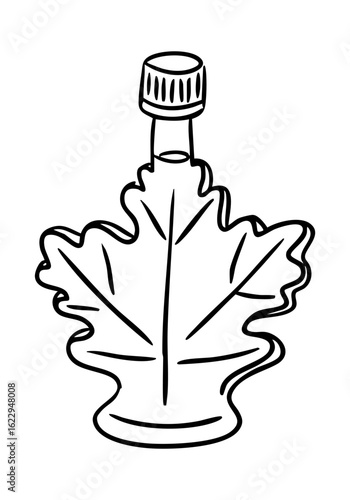 Hand drawn bottle shaped like a maple leaf, outlined in black with screw cap on top. Concept of natural sweetness, traditional Canadian syrup and organic product packaging